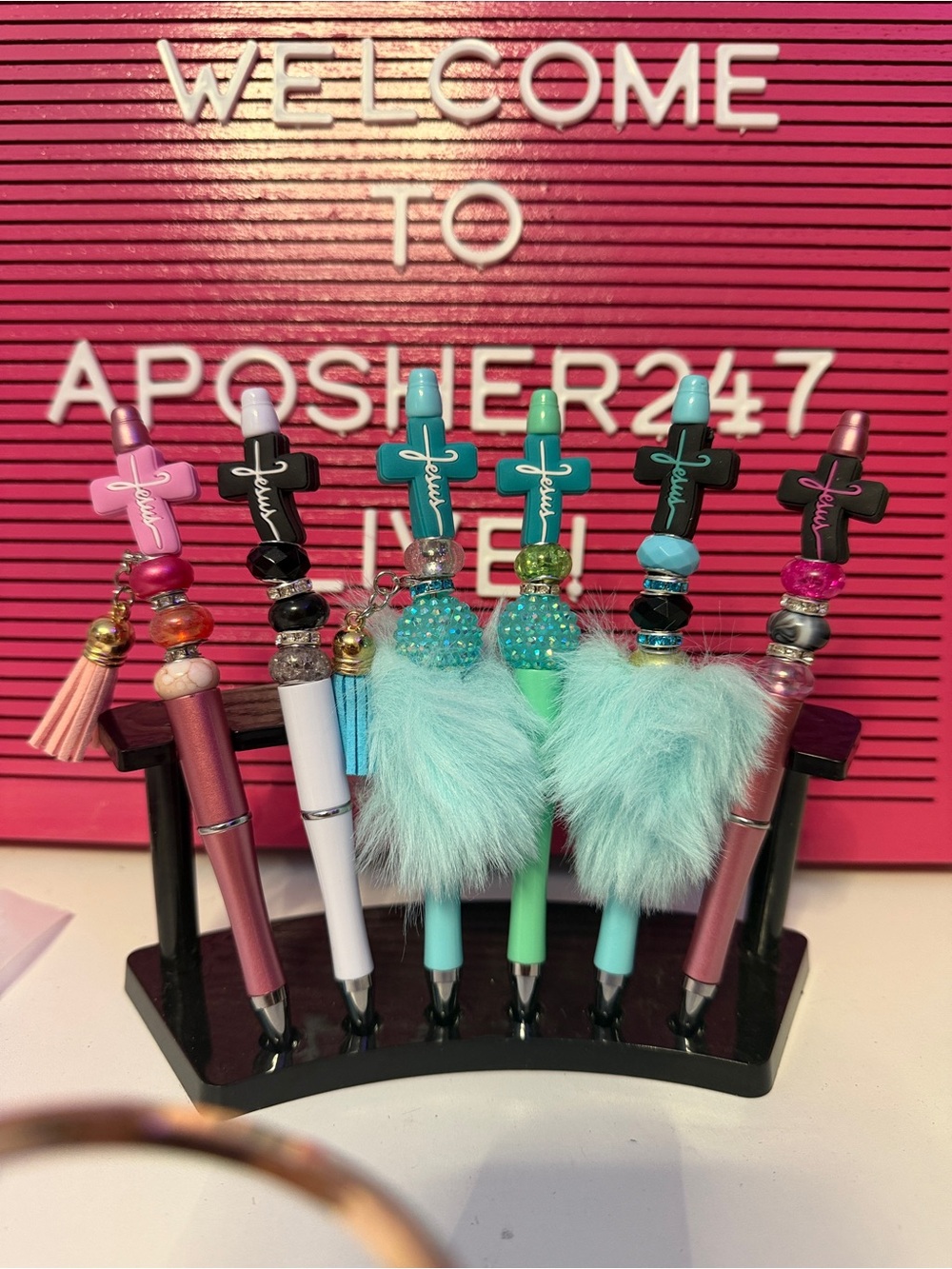 CHRISTIAN Custom Cross Charm Pens with Tassels & Fur - Teal, Pink, Black, White - Picture 2 of 5